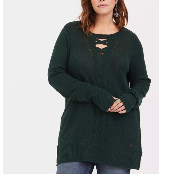 Torrid 2 (2X 18/20) Outlander Green Celtic Cable Knit Long Tunic Sweater Top - Picture 4 of 5